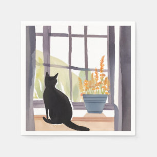 Cat in Windowsill Silhouette Watercolor Napkin