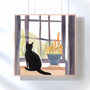 Cat in Windowsill Silhouette Watercolor Poster