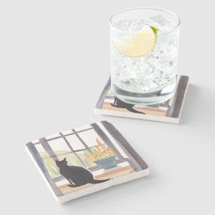 Cat in Windowsill Silhouette Watercolor Stone Coaster