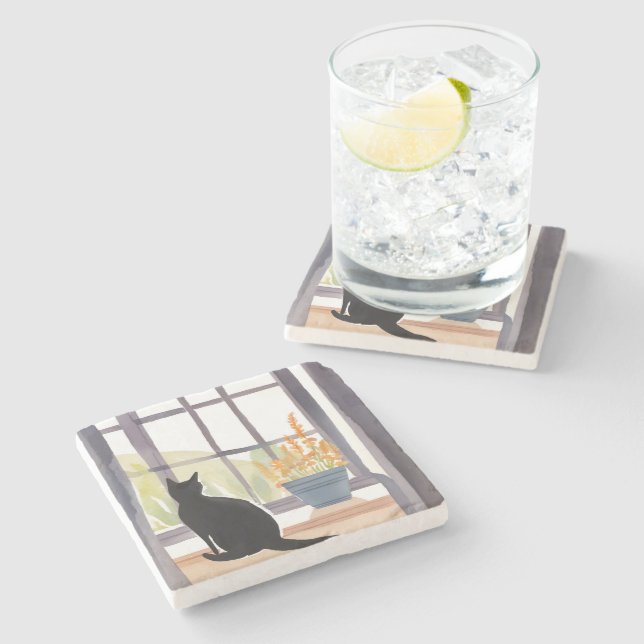 Cat in Windowsill | Silhouette Watercolor  Stone Coaster (Side)