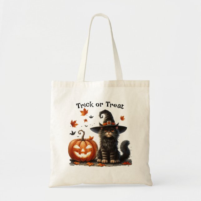 Cat in Witch's Hat Halloween Trick or Treat Black  Tote Bag (Front)