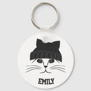 Cat in Wool Hat Personalised Cute Key Ring