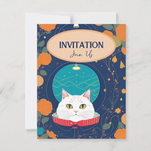Cat invitation peach orange navy kitty voices (Front)