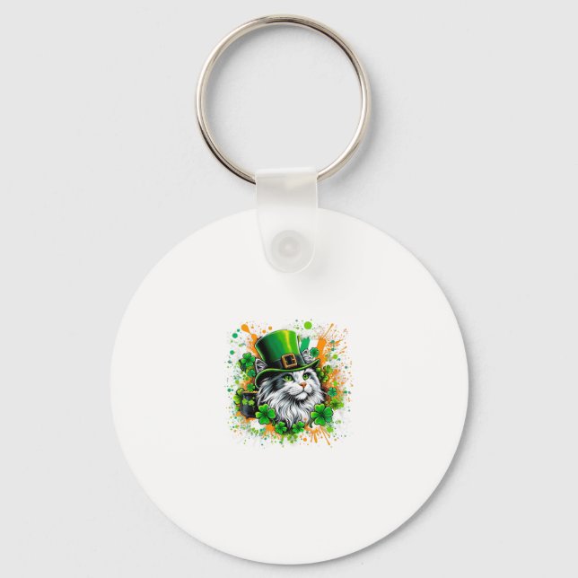 Cat Irish Patricks Day Wearing Leprechaun Hat  Key Ring (Front)