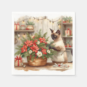 Cat is arranging Christmas Flowers Napkin