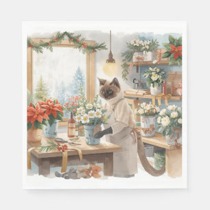 Cat is arranging Christmas Flowers Napkin
