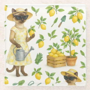 Cat is gardening lemon garden glass coaster