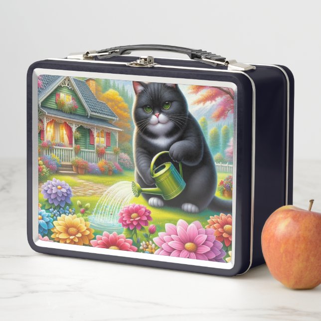 Cat is giving water for flowers plants metal lunch box (In Situ)