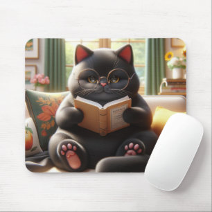 Cat is reading a book on sofa mouse pad