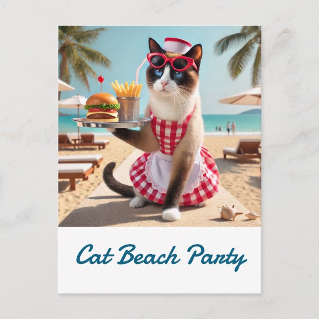 Cat is serving hamburger for beach party postcard (Front)