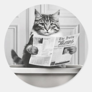 Cat is sitting on the Toilet, cat reading a news Classic Round Sticker