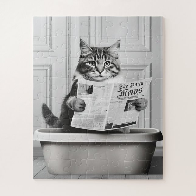 Cat is sitting on the Toilet, cat reading a news Jigsaw Puzzle (Vertical)