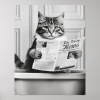 Cat is sitting on the Toilet, cat reading a news