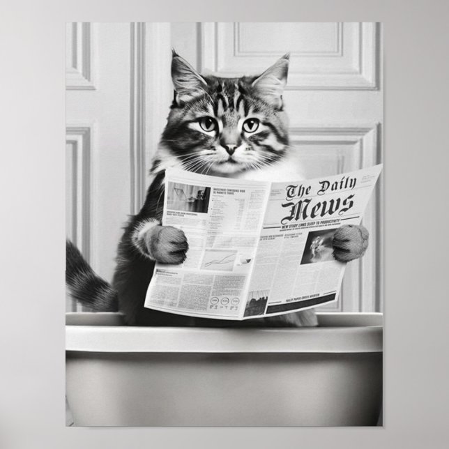 Cat is sitting on the Toilet, cat reading a news Poster (Front)