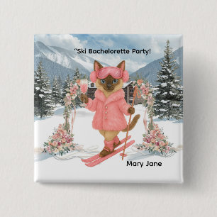 Cat is skiing in Pink outfit Bachelorette Party  15 Cm Square Badge
