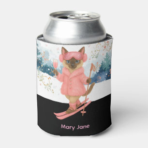 Cat is skiing in Pink outfit Bachelorette Party Can Cooler