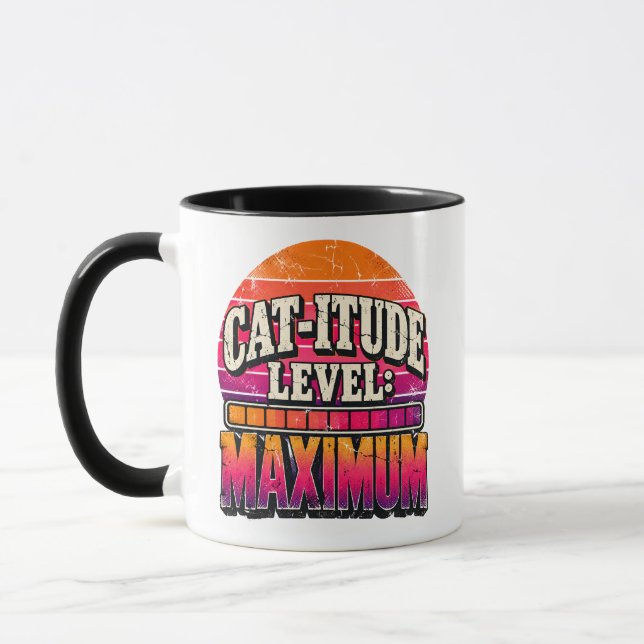 Cat-Itude Level Maximum Retro Sunset Typography Mug (Left)