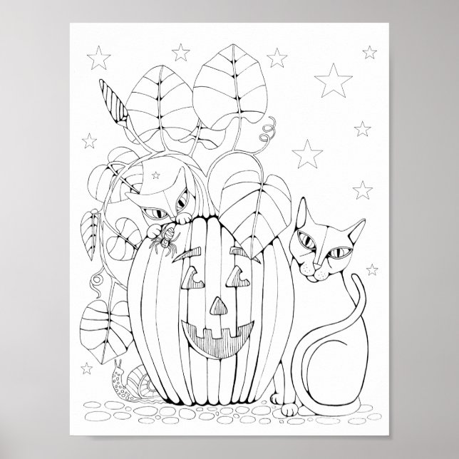Cat Jack O’Lantern Scene Colouring Page Art Poster (Front)