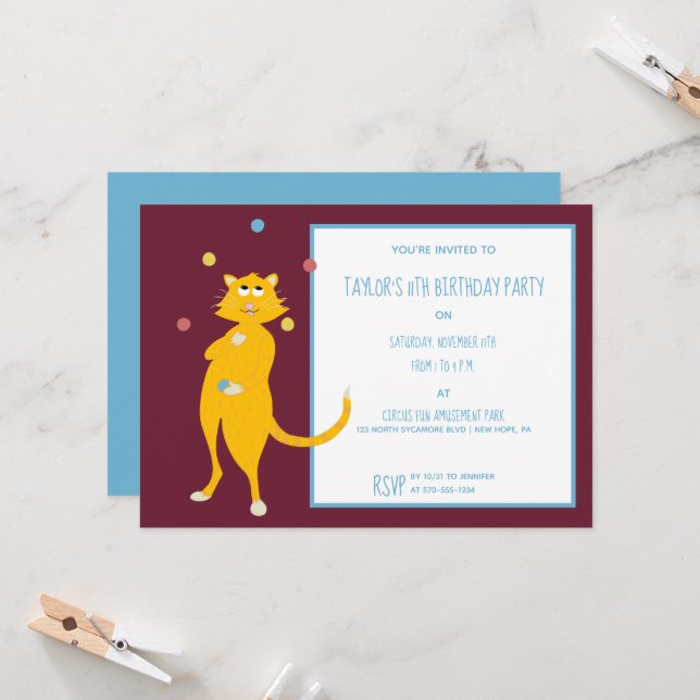 Cat Juggling Balls Custom Birthday Party Invitation (Front/Back In Situ)