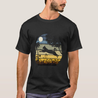 Cat Jumping In A Field Of Flowers Moon Night T-Shirt