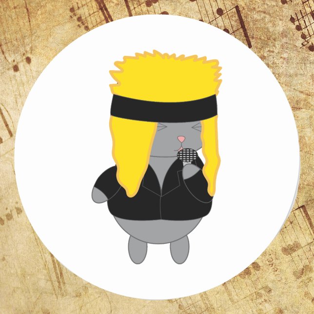 Cat Kawaii Hair Metal Band Singer Classic Round Sticker (A cute sticker with a kawaii style cat dressed up as a member of a 1980s hair band)