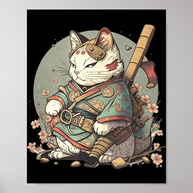 Cat Kawaii Style Samurai Anime Kitten Japanese  Poster (Front)