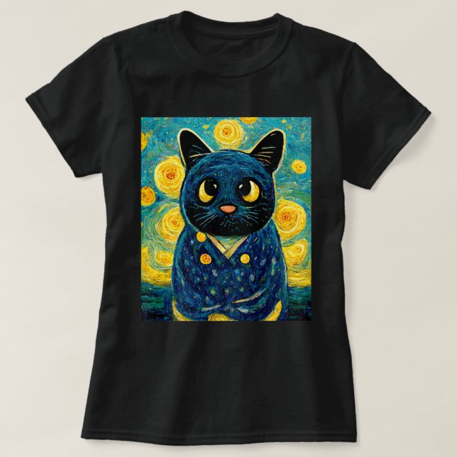 Cat Kawaii Van Gogh Starry Night Cat Mum Cat Dad C T-Shirt (Design Front)