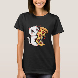 Cat Kawaii White Hugging Pizza Heart Pepperoni Foo T-Shirt
