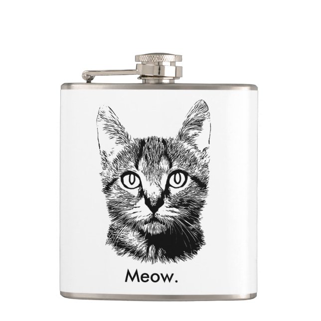 Cat Kitten Cute Meow Hand Drawn Black & White Hip Flask (Front)