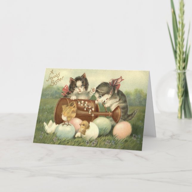 Cat Kitten Easter Coloured Painted Egg Chick Holiday Card (Front)