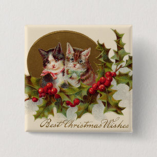 Cat Kitten Holly Winterberry 15 Cm Square Badge