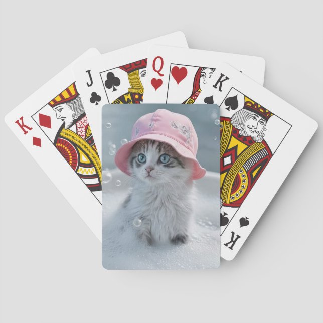Cat Kitten in Bubble Bath Pink Hat Cute Playing Cards (Back)