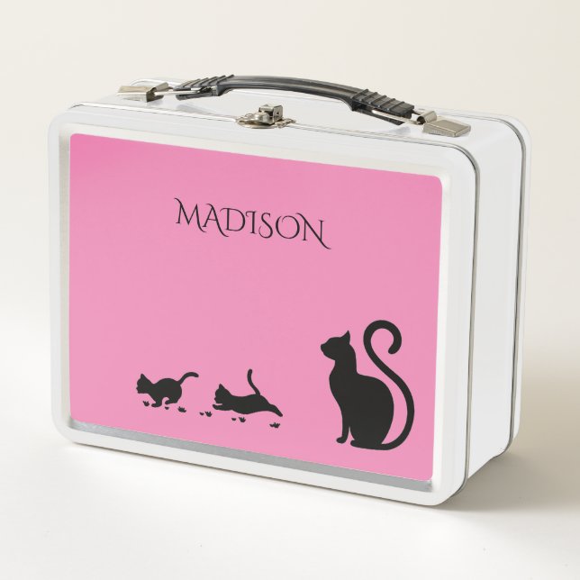Cat/kitten metal lunch box in pink/custom name. (Front)