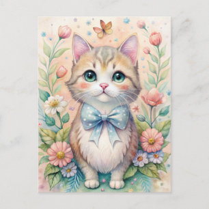 Cat Kitten Pastel Bow Wildflowers  Postcard