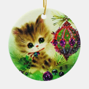 CAT KITTEN VINTAGE ART CHRISTMAS ORNAMENT