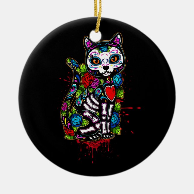 Cat Kitty Kitten Paws Sugar Skull Calavera Hallowe Ceramic Tree Decoration (Front)