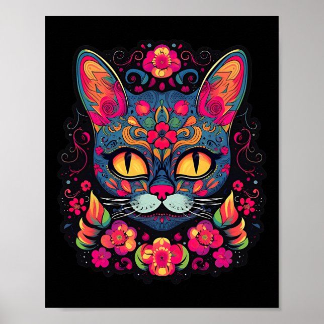 Cat Kitty Kitten Paws Sugar Skull Calavera Hallowe Poster (Front)