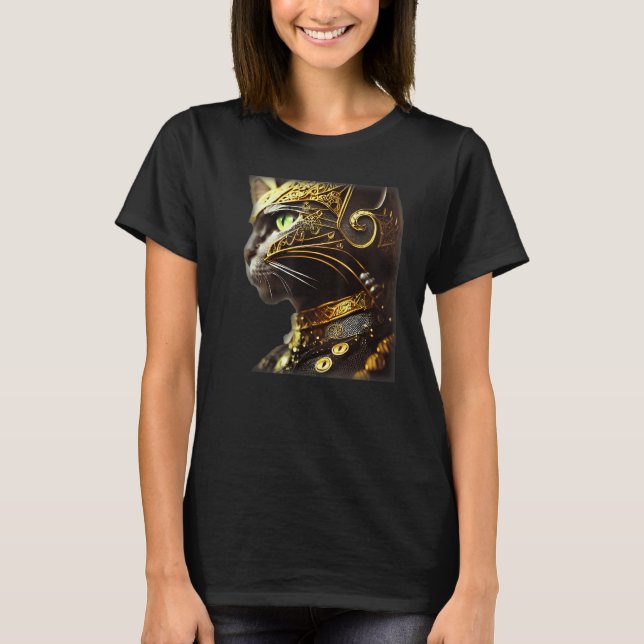 Cat Knight Wearing Gold Filigree Armor Black T-Shirt (Front)