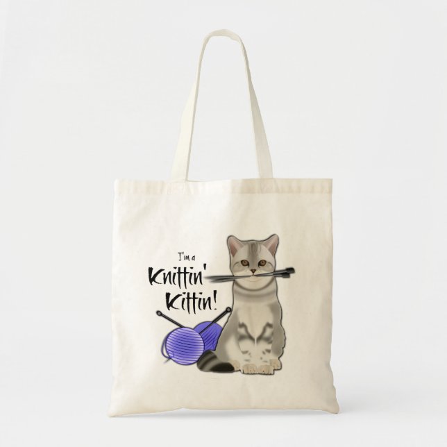 Cat Knitting bag cotton tote with handles blue (Front)