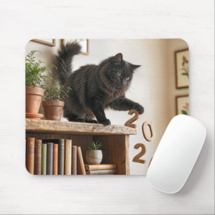 Cat Knocking Off 2026 Year from Bookcase Mouse Pad