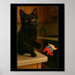Cat Knocking Trump Off Counter Table Ledge Funny  Poster