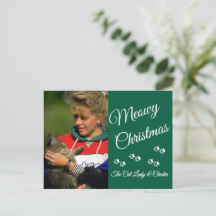 Cat Lady Christmas Photo Holiday Paw Prints Green Postcard
