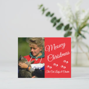 Cat Lady Christmas Photo Holiday Paw Prints Red Postcard