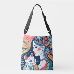 Cat Lady Graphic Illustration Crossbody Bag
