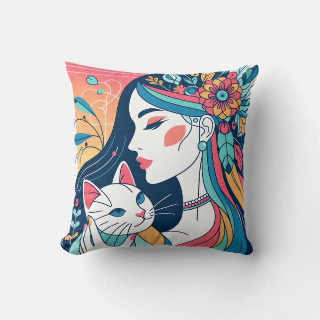 Cat Lady Graphic Illustration Cushion (Front)
