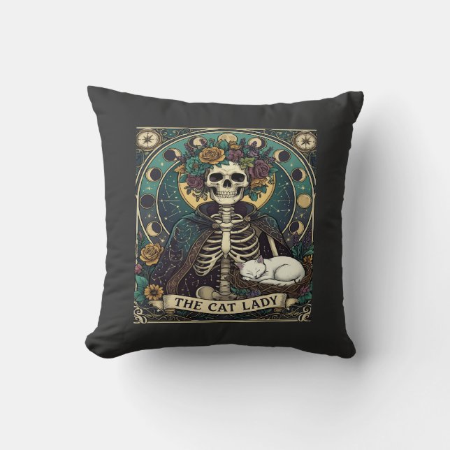 Cat Lady Haloween Skeleton Floral Moon Compass Cushion (Front)