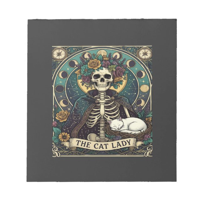 Cat Lady Haloween Skeleton Floral Moon Compass Notepad (Front)