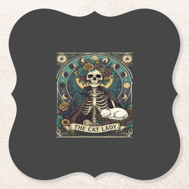 Cat Lady Haloween Skeleton Floral Moon Compass Paper Coaster (Front)
