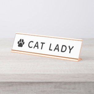 Cat Lady Paw Print Modern White Desk Name Plate