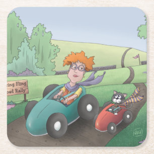 Cat Lady Road Rally Square Paper Coaster